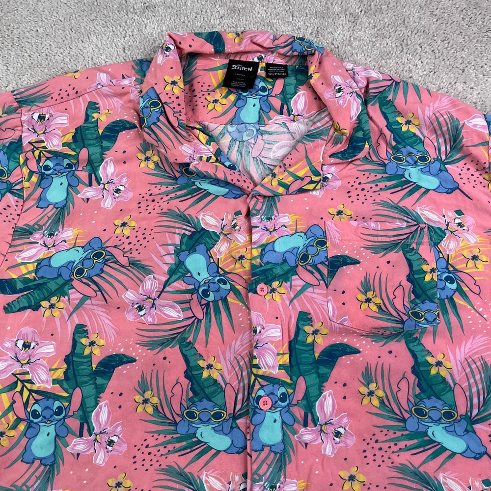 Disney Lilo and Stitch Shirt Men 3XL XXXL Pink Hawaiian Resort Camp Collar Rayon